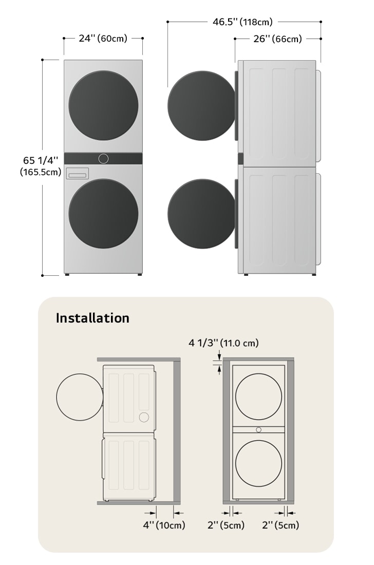 Technical dimension and installation diagram for the compact LG WashTower: 24 in (60 cm) wide, 65 1/4 in (165.5 cm) high, 26 in (66 cm) deep, and 46.5 in (118 cm) with door open, detailing installation clearances.