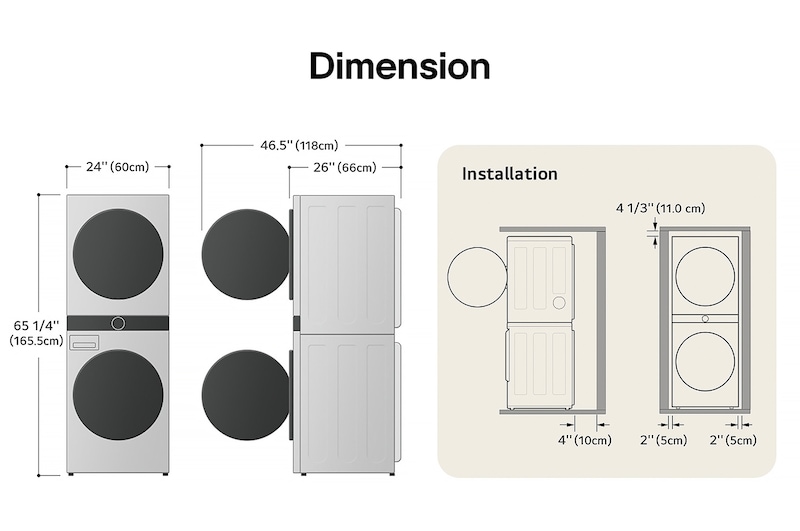 Technical dimension and installation diagram for the compact LG WashTower: 24 in (60 cm) wide, 65 1/4 in (165.5 cm) high, 26 in (66 cm) deep, and 46.5 in (118 cm) with door open, detailing installation clearances.