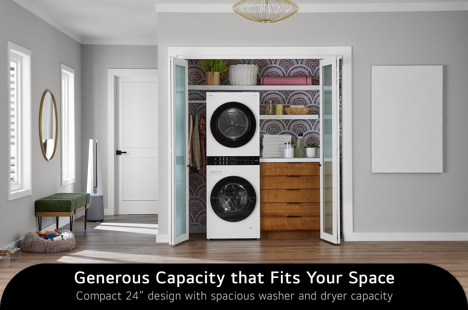 The LG Compact WashTower WKHC152HWA in White, showcasing its narrow 24 in (60 cm) design and large capacity, seamlessly fitting into a small closet space.