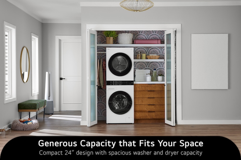 The LG Compact WashTower WKHC152HWA in White, showcasing its narrow 24 in (60 cm) design and large capacity, seamlessly fitting into a small closet space.