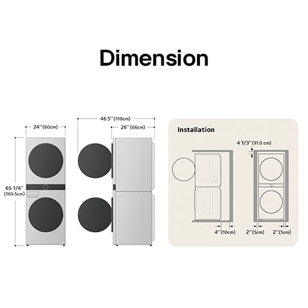 Technical dimension and installation diagram for the compact LG WashTower: 24 in (60 cm) wide, 65 1/4 in (165.5 cm) high, 26 in (66 cm) deep, and 46.5 in (118 cm) with door open, detailing installation clearances.