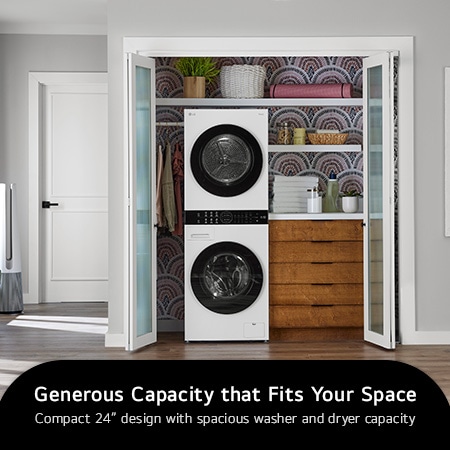 The LG Compact WashTower WKHC152HWA in White, showcasing its narrow 24 in (60 cm) design and large capacity, seamlessly fitting into a small closet space.