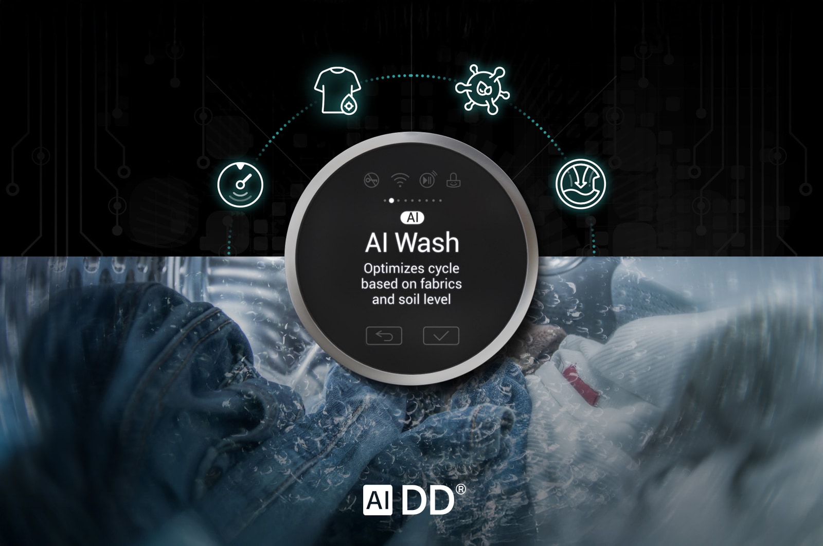 Graphic illustration of the LG Front Load Washer WM5500HVA's AI DD® and AI Wash technology, which automatically optimizes the washing cycle based on fabric type and soil level.