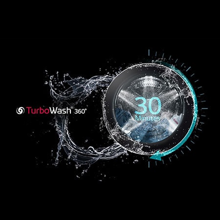 Graphic illustration of the LG Front Load Washer WM5500HVA's TurboWash® 360° technology, highlighting a powerful and thorough 30-minute wash cycle.