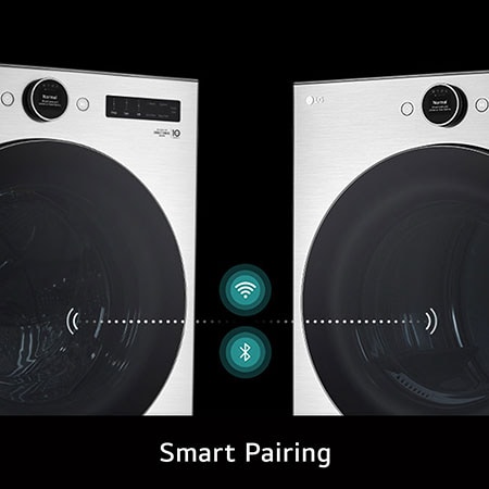 The LG Front Load Washer and Dryer set (WM5500HVA) in Graphite Steel, illustrating the Smart Pairing feature, which wirelessly connects the units to automatically set the optimal drying cycle.