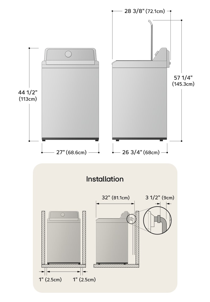 Technical dimension and installation diagram for the LG Top Load Washer: 27 in (68.6 cm) wide, 44 1/2 in (113 cm) high, 26 3/4 in (68 cm) deep, and 57 1/4 in (145.3 cm) lid open height, detailing installation clearances.
