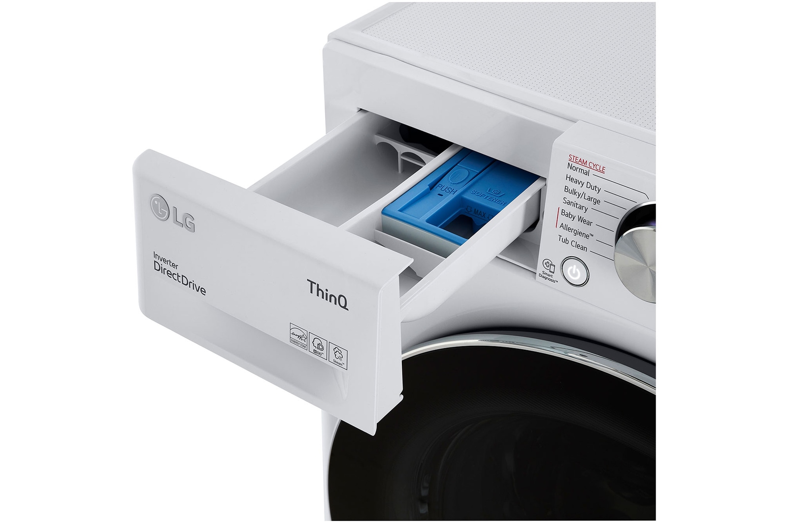 A close-up view of the detergent dispenser drawer pulled out on the LG Compact Front Load Washer WM1455HWA in White, highlighting the drawer design and ThinQ® logos.