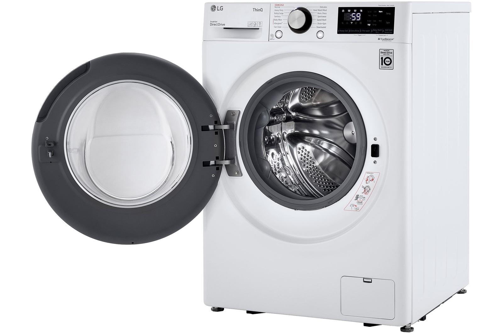 The LG Compact Front Load Washer WM1455HWA in White, shown from an angle with the door wide open, revealing the stainless steel drum and full control panel.