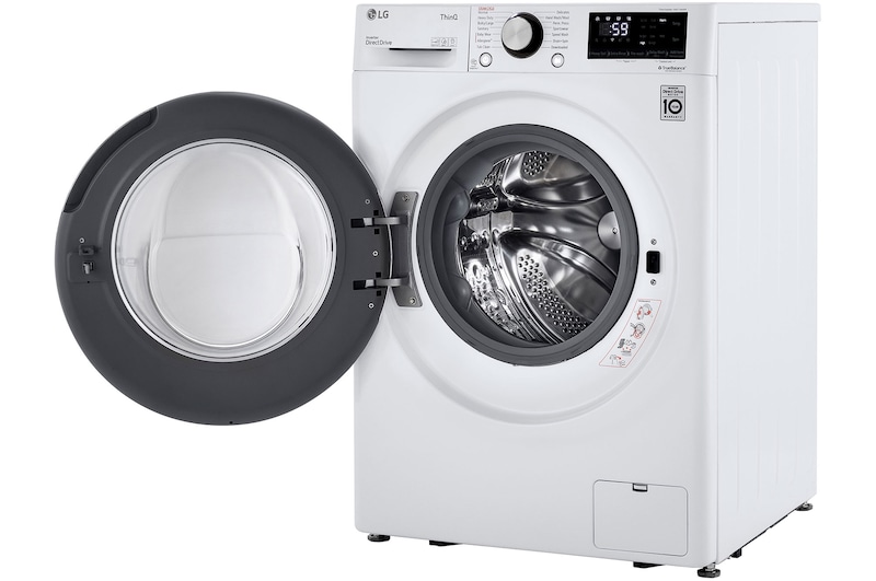 The LG Compact Front Load Washer WM1455HWA in White, shown from an angle with the door wide open, revealing the stainless steel drum and full control panel.