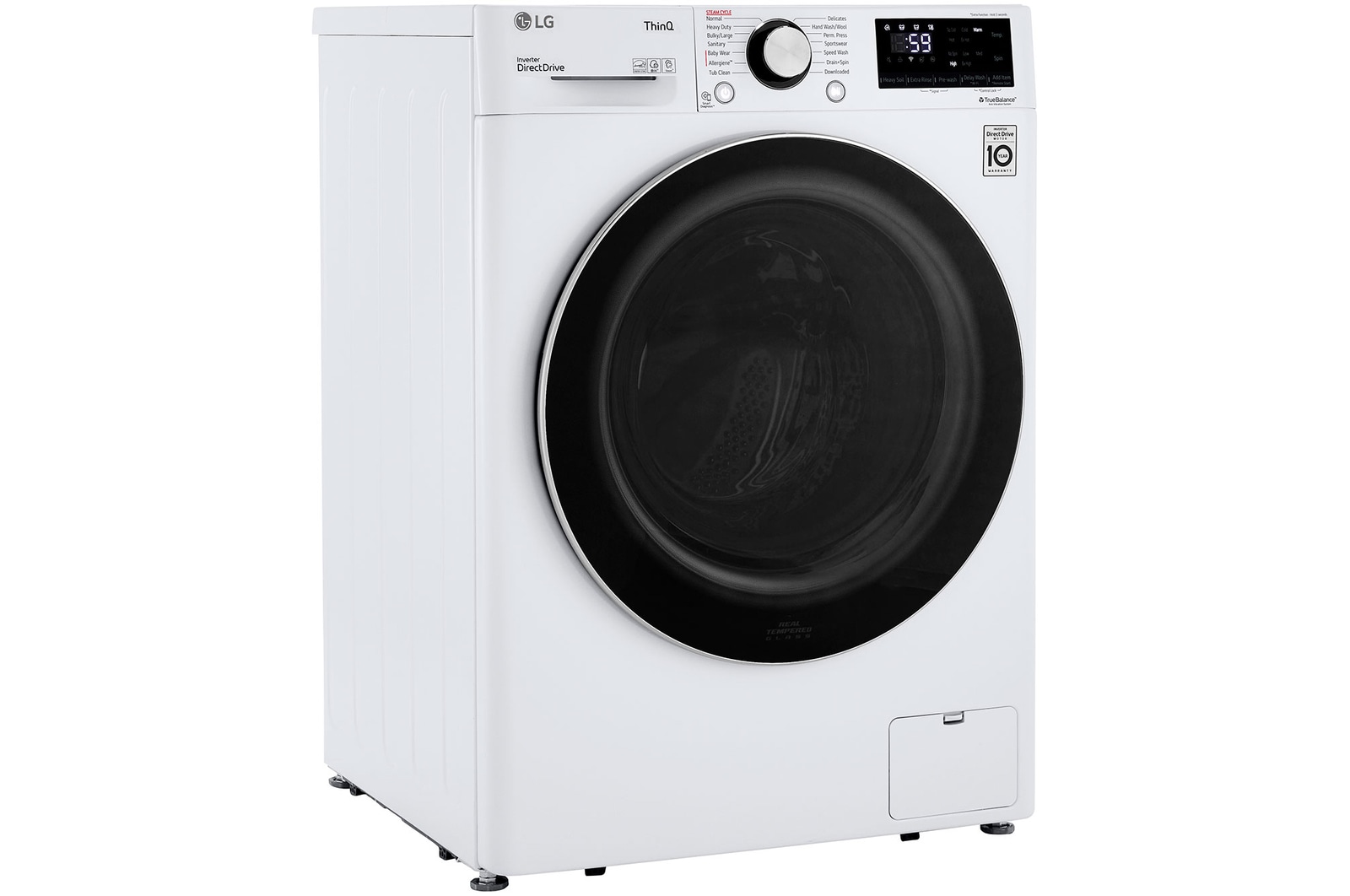 The LG Compact Front Load Washer WM1455HWA in White, shown from an angle with the door closed, emphasizing its compact depth and fully integrated control panel.