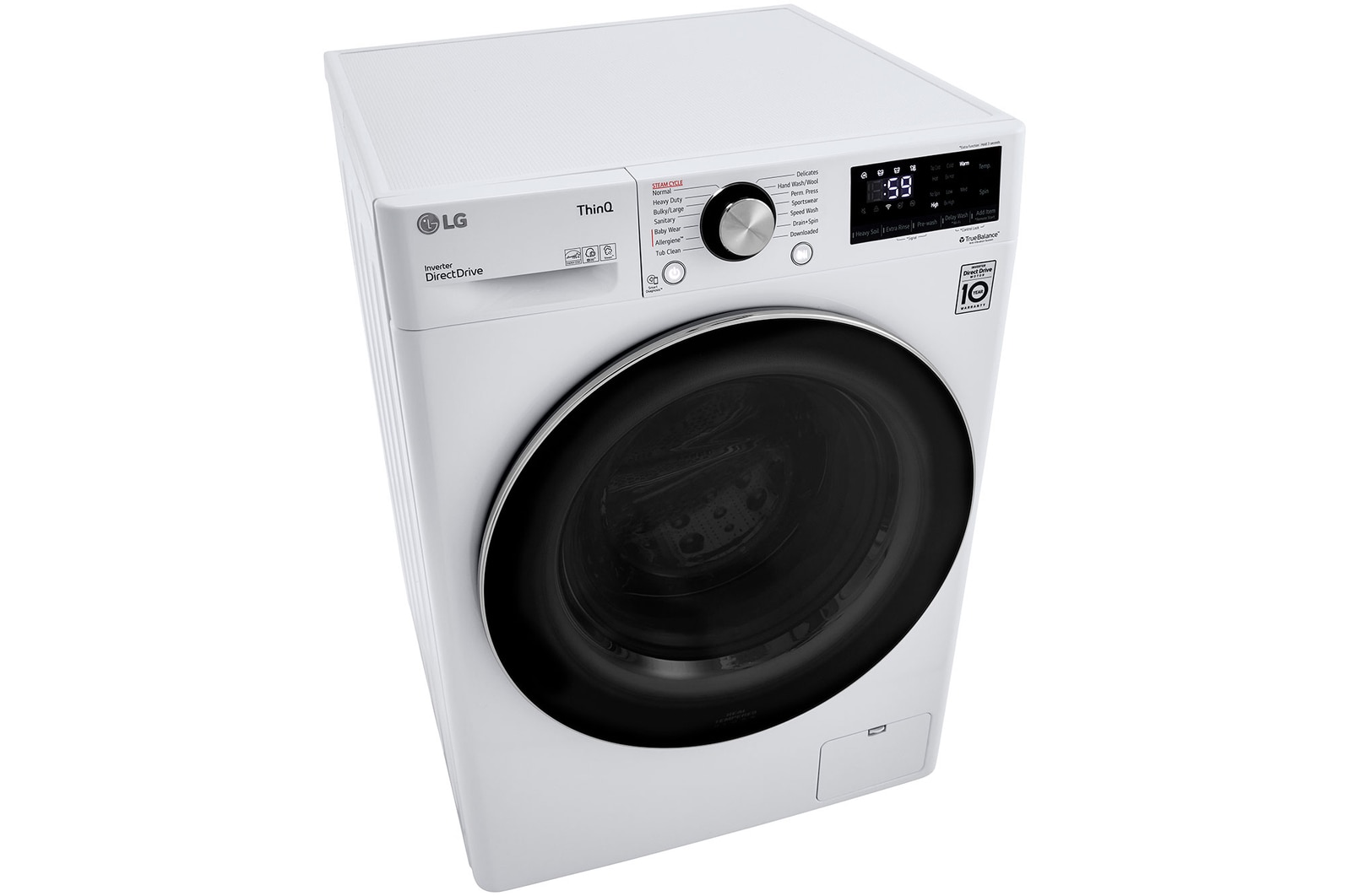 The LG Compact Front Load Washer WM1455HWA in White, shown from a top-down angle, emphasizing the sleek top panel and control dial design.