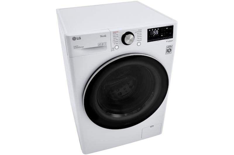 The LG Compact Front Load Washer WM1455HWA in White, shown from a top-down angle, emphasizing the sleek top panel and control dial design.