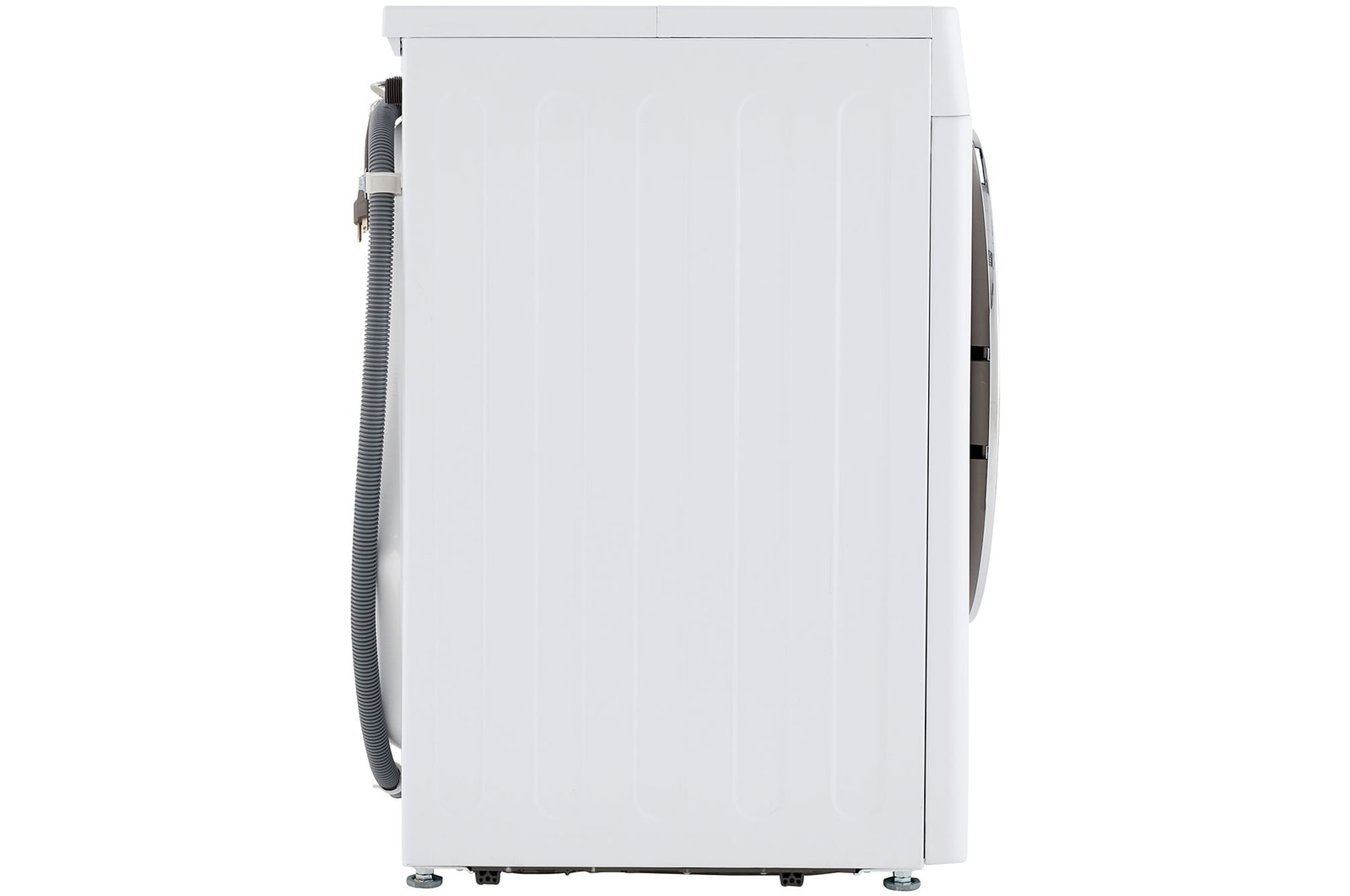 The LG Compact Front Load Washer WM1455HWA in White, showing a full side profile, highlighting its compact depth and the rear hose connection point.
