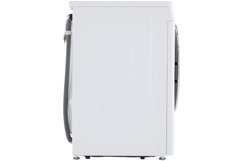 The LG Compact Front Load Washer WM1455HWA in White, showing a full side profile, highlighting its compact depth and the rear hose connection point.