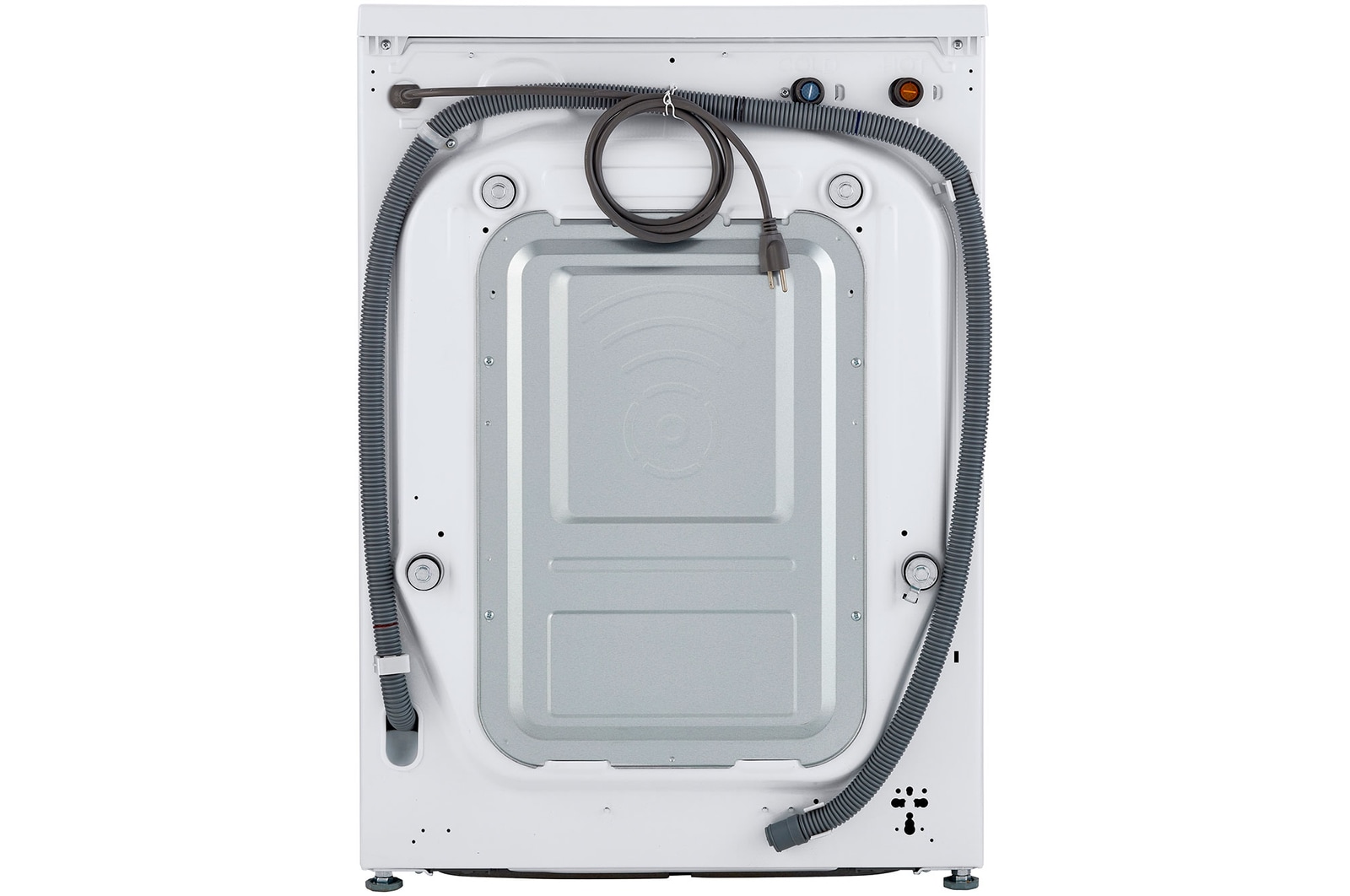 A full rear view of the LG Compact Front Load Washer WM1455HWA in White, displaying the placement of the power cord and water input/drain hoses.