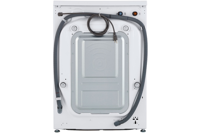 A full rear view of the LG Compact Front Load Washer WM1455HWA in White, displaying the placement of the power cord and water input/drain hoses.