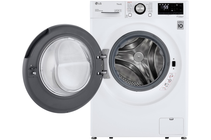 The LG Compact Front Load Washer WM1455HWA in White, shown with the door wide open, revealing the stainless steel drum for easy loading and unloading.