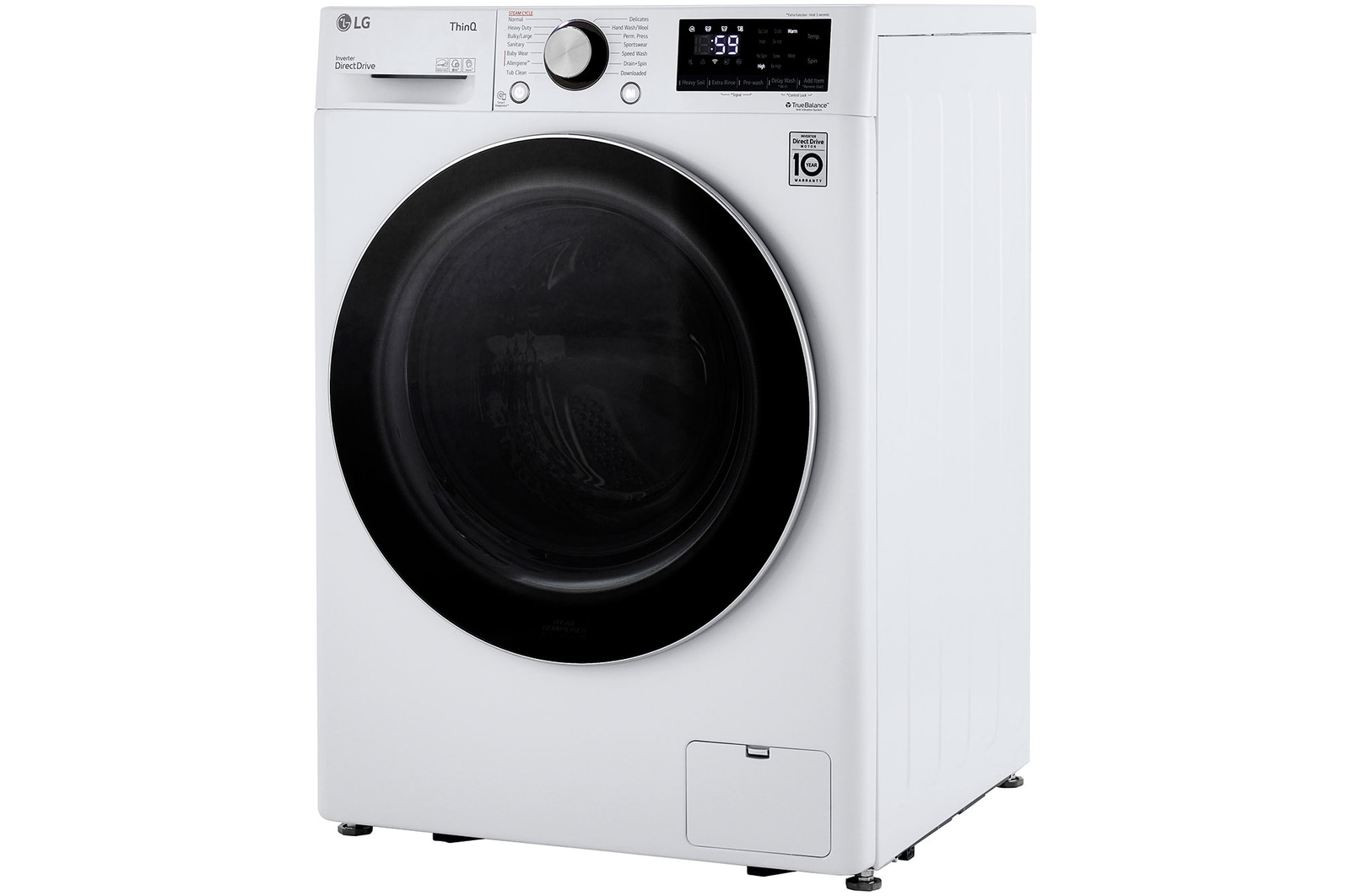 The LG Compact Front Load Washer WM1455HWA in White, shown from an angle, emphasizing its compact depth and sleek side panel design.