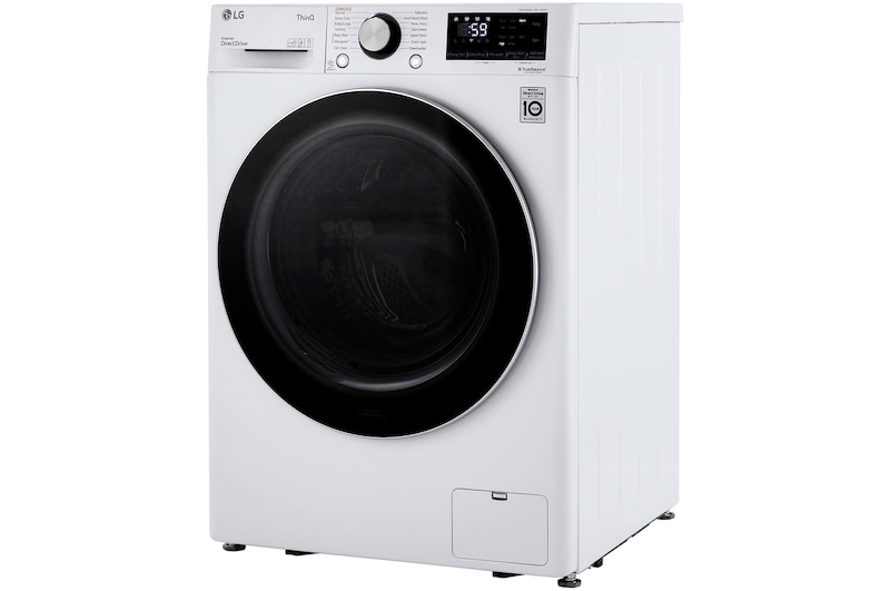 The LG Compact Front Load Washer WM1455HWA in White, shown from an angle, emphasizing its compact depth and sleek side panel design.