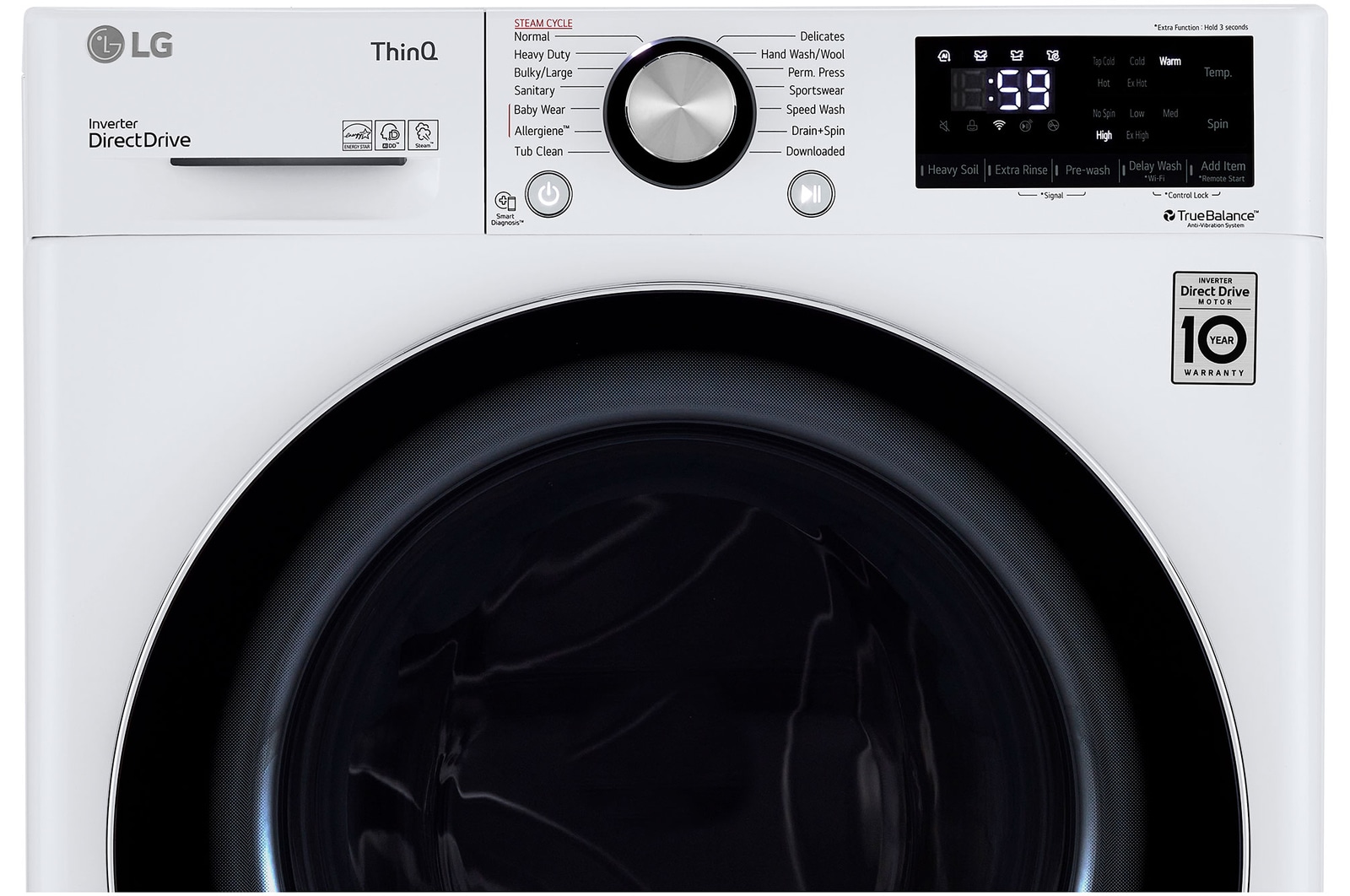 The control panel of the LG Compact Front Load Washer WM1455HWA in White, offering a detailed view of the central dial and the digital display with cycle options.