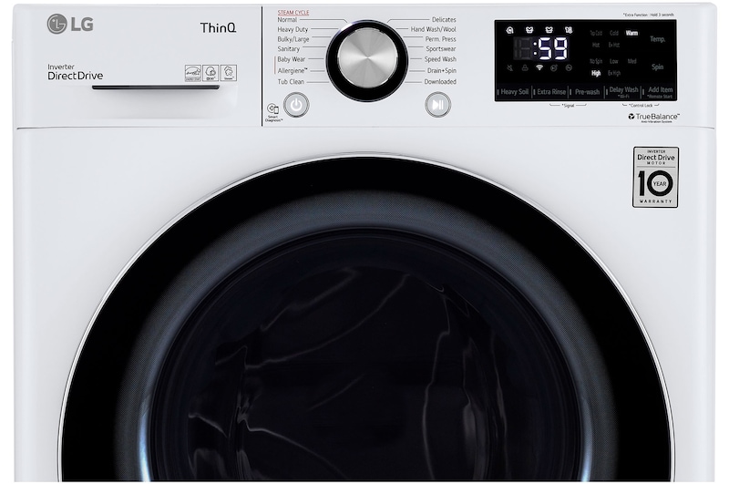 The control panel of the LG Compact Front Load Washer WM1455HWA in White, offering a detailed view of the central dial and the digital display with cycle options.