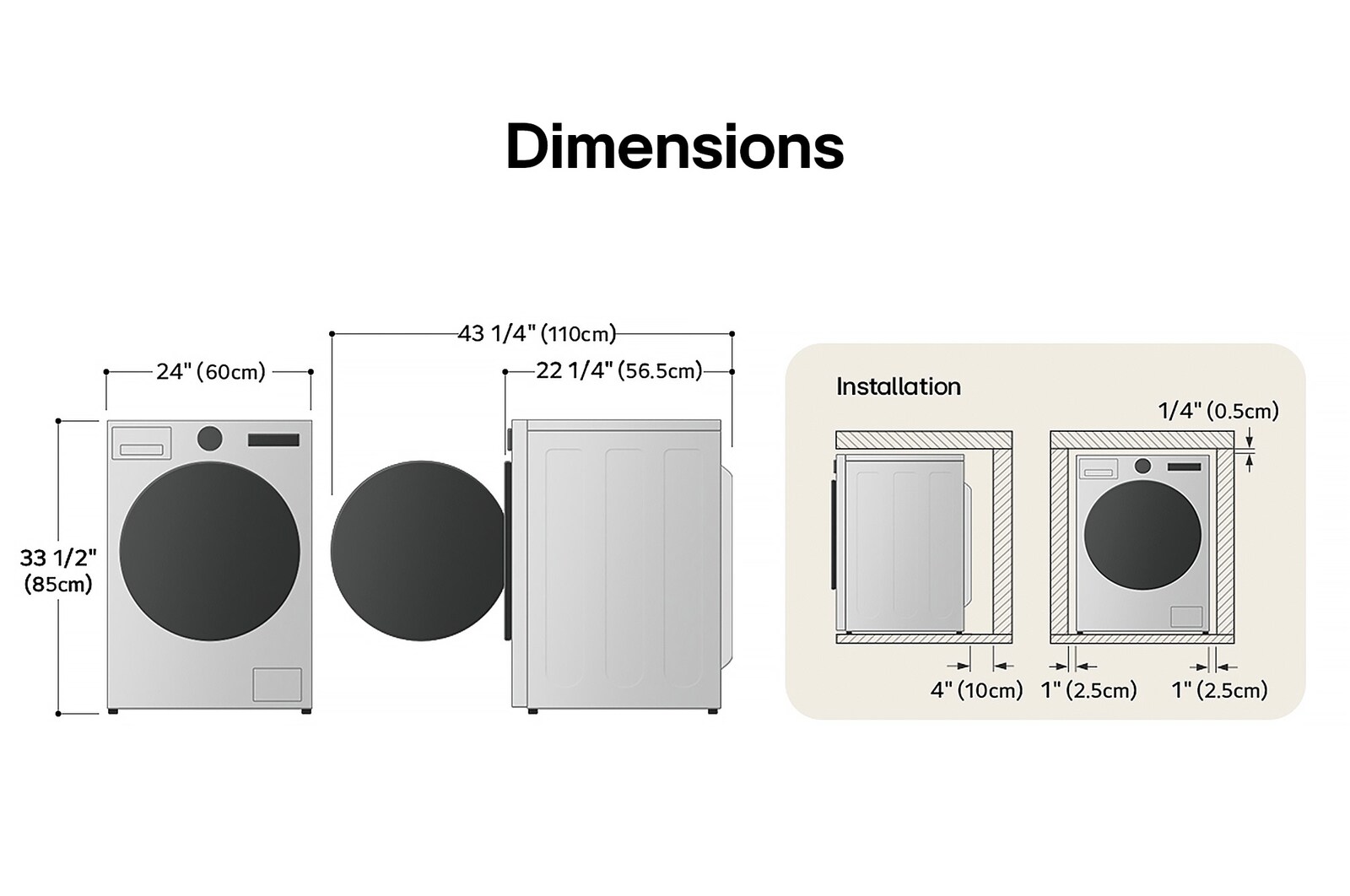 Technical dimension and installation diagram for the LG Compact Front Load Washer: 24 in (60 cm) wide, 33 1/2 in (85 cm) high, 22 1/4 in (56.5 cm) deep, and 43 1/4 in (110 cm) with door open, detailing installation clearances.