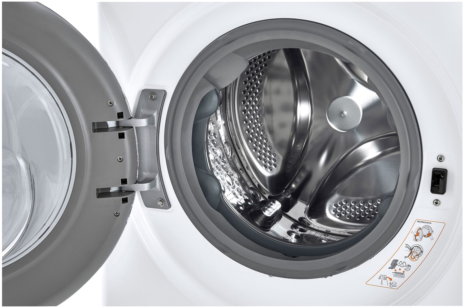 A close-up view of the drum interior of the LG Compact Front Load Washer WM1455HWA in White, showing the durable stainless steel drum and door gasket.