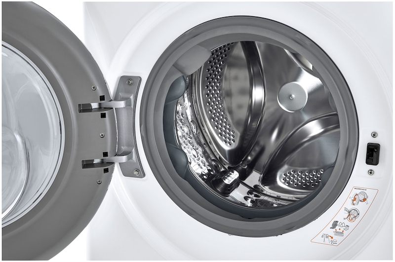 A close-up view of the drum interior of the LG Compact Front Load Washer WM1455HWA in White, showing the durable stainless steel drum and door gasket.