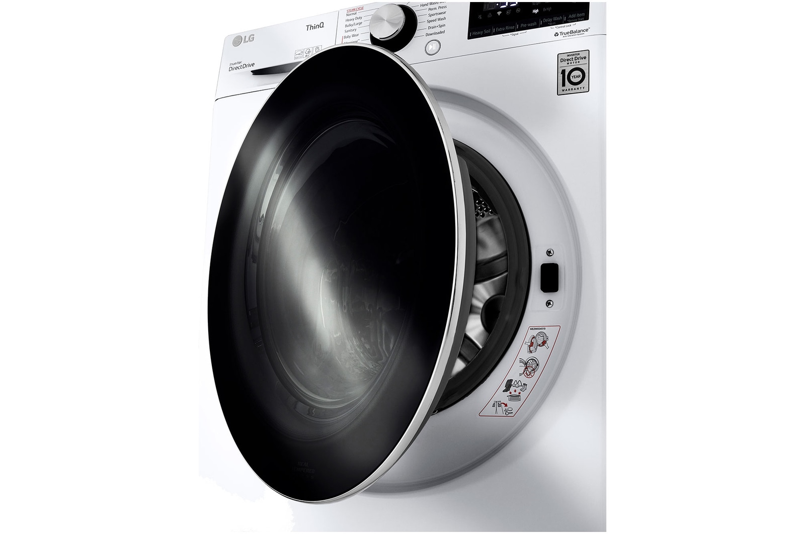 The LG Compact Front Load Washer WM1455HWA in White, shown from an angle with the dark, tempered glass door slightly ajar, emphasizing the sleek, modern design.