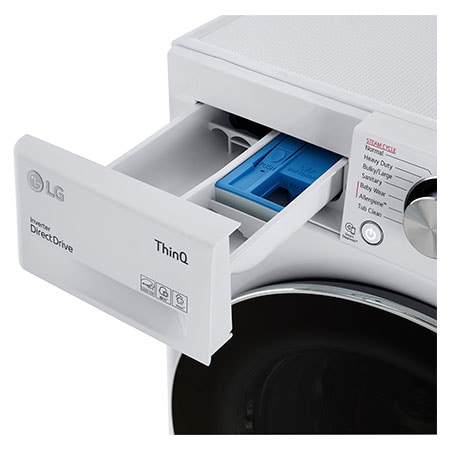 A close-up view of the detergent dispenser drawer pulled out on the LG Compact Front Load Washer WM1455HWA in White, highlighting the drawer design and ThinQ® logos.