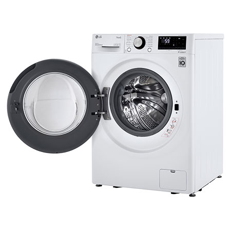 The LG Compact Front Load Washer WM1455HWA in White, shown from an angle with the door wide open, revealing the stainless steel drum and full control panel.