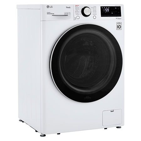 The LG Compact Front Load Washer WM1455HWA in White, shown from an angle with the door closed, emphasizing its compact depth and fully integrated control panel.