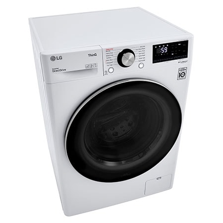 The LG Compact Front Load Washer WM1455HWA in White, shown from a top-down angle, emphasizing the sleek top panel and control dial design.