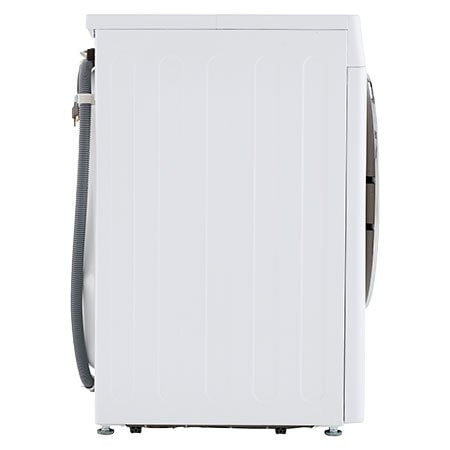 The LG Compact Front Load Washer WM1455HWA in White, showing a full side profile, highlighting its compact depth and the rear hose connection point.