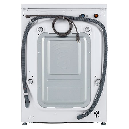 A full rear view of the LG Compact Front Load Washer WM1455HWA in White, displaying the placement of the power cord and water input/drain hoses.