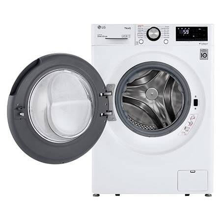 The LG Compact Front Load Washer WM1455HWA in White, shown with the door wide open, revealing the stainless steel drum for easy loading and unloading.