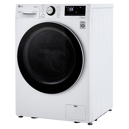 The LG Compact Front Load Washer WM1455HWA in White, shown from an angle, emphasizing its compact depth and sleek side panel design.