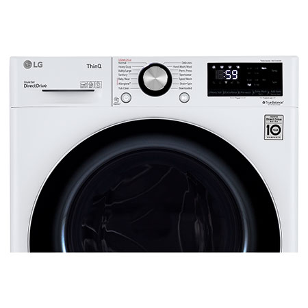 The control panel of the LG Compact Front Load Washer WM1455HWA in White, offering a detailed view of the central dial and the digital display with cycle options.
