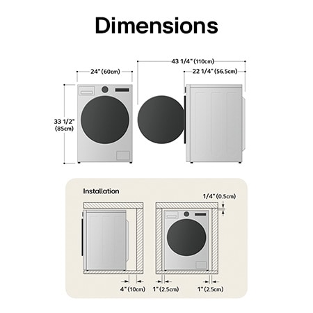 Technical dimension and installation diagram for the LG Compact Front Load Washer: 24 in (60 cm) wide, 33 1/2 in (85 cm) high, 22 1/4 in (56.5 cm) deep, and 43 1/4 in (110 cm) with door open, detailing installation clearances.