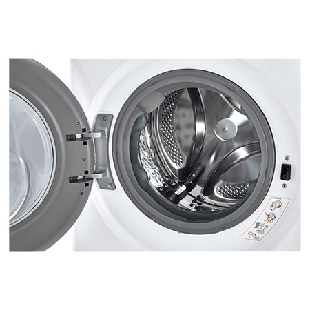 A close-up view of the drum interior of the LG Compact Front Load Washer WM1455HWA in White, showing the durable stainless steel drum and door gasket.