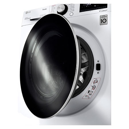 The LG Compact Front Load Washer WM1455HWA in White, shown from an angle with the dark, tempered glass door slightly ajar, emphasizing the sleek, modern design.