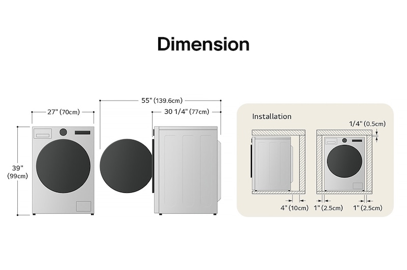 Technical dimension and installation diagram for the LG Compact Front Load Washer: 24 in (60 cm) wide, 33 1/2 in (85 cm) high, 22 1/4 in (56.5 cm) deep, and 43 1/4 in (110 cm) with door open, detailing installation clearances.
