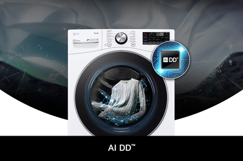 LG Washer WM4100HWA demonstrating AI DD™: Visualization of the AI-powered Direct Drive sensing fabric weight and softness to select the optimal wash pattern.