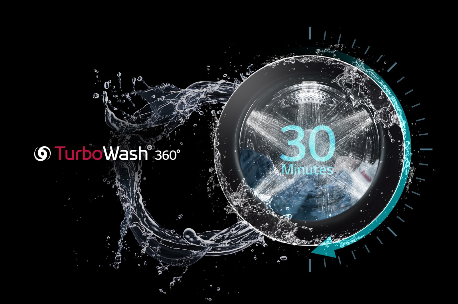 LG Washer WM4100HWA demonstrating TurboWash 360°: Dynamic visualization of the 30-minute quick wash using powerful 4-way multi-nozzles.