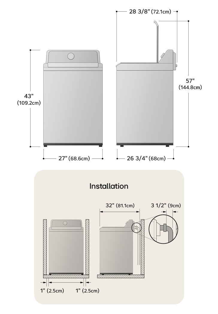Technical dimension and installation diagram for the LG Top Load Washer: 27 in (68.6 cm) wide, 43 in (109.2 cm) high, 57 in (144.8 cm) lid open height, and 32 in (81.1 cm) required installation depth.