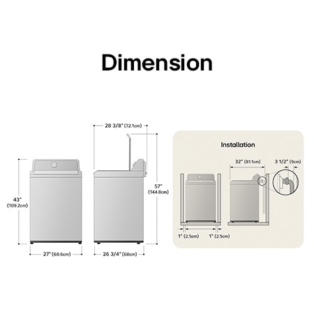 Technical dimension and installation diagram for the LG Top Load Washer: 27 in (68.6 cm) wide, 43 in (109.2 cm) high, 57 in (144.8 cm) lid open height, and 32 in (81.1 cm) required installation depth.