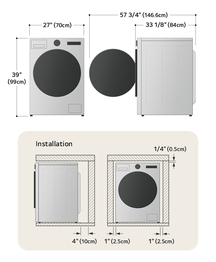 Technical dimension and installation diagram for the LG Front Load Washer: 27 in (70 cm) wide, 39 in (99 cm) high, 33 1/8 in (84 cm) deep, and 57 3/4 in (146.6 cm) with door open, detailing installation clearances.