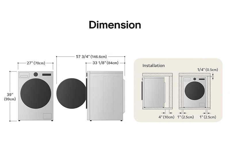 Technical dimension and installation diagram for the LG Front Load Washer: 27 in (70 cm) wide, 39 in (99 cm) high, 33 1/8 in (84 cm) deep, and 57 3/4 in (146.6 cm) with door open, detailing installation clearances.