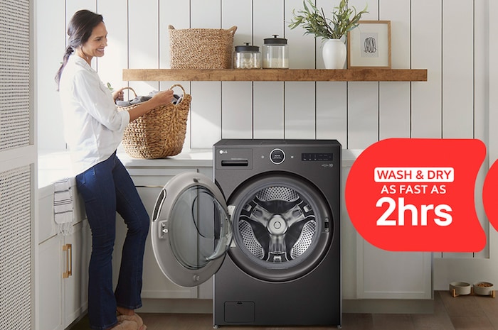 The LG Front Load Washer Dryer Combo WM6998HBA in Black Steel, highlighting its ability to complete a full wash and dry cycle in as fast as 2 hours.