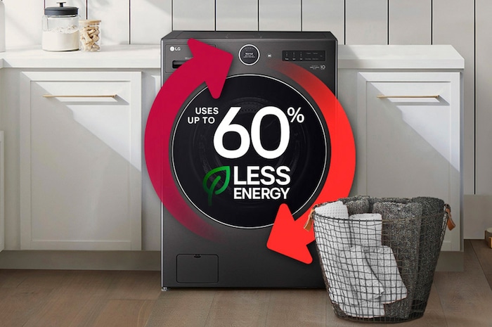 The LG Front Load Washer Dryer Combo WM6998HBA in Black Steel, highlighting its advanced technology that uses up to 60% less energy for superior efficiency.